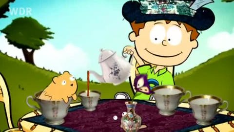 Zeichentrickfigur Knietzsche sitzt am Kaffeetisch auf der Wiese, aus einer Kaffeetasse schaut ihn ein Hamster an (Foto: vision X/WDR)