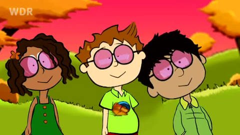 Zeichnung von drei Kindern, die verzückt durch ihre rosaroten Brillen schauen (Foto: vision X/WDR)