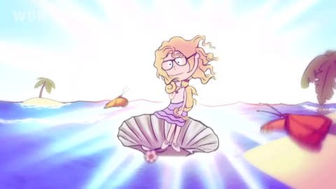 Eine blond gelockte Zeichentrick-Figur schwebt in einer Muschel über dem Meer (Foto: vision X/WDR)