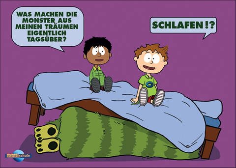 Zwei Kinder auf einem Bett, darunter ein Monster. (Foto: WDR/Vision X)