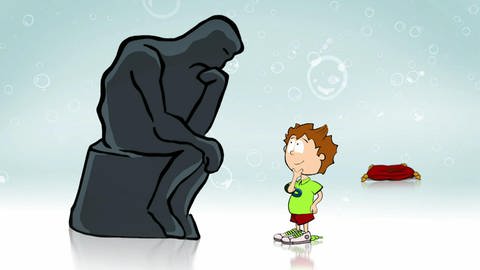 Der kleine Philosoph Knietzsche steht vor einer dunklen Statue, die vorgebeugt auf einem Stein sitzt und sich grübelnd das Kinn hält. (Foto: vision X/ WDR)