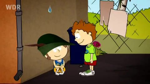 Der kleine Philosoph Knietzsche steht neben einem Freund, der einen grünen Jagdhut trägt. Knietzsche hält eine Blume hinter seinem Rücken. (Foto: vision X/WDR)