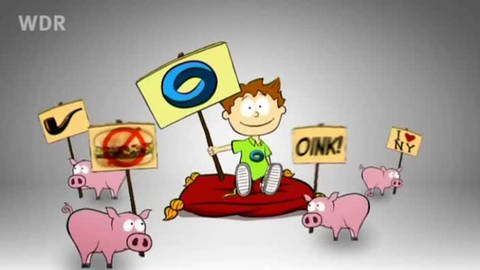 Der kleine Philosoph Knietzsche hält ein Schild hoch, um ihn herum stehen lauter Schweine, die auch Schilder hochhalten. (Foto: vision X/WDR)