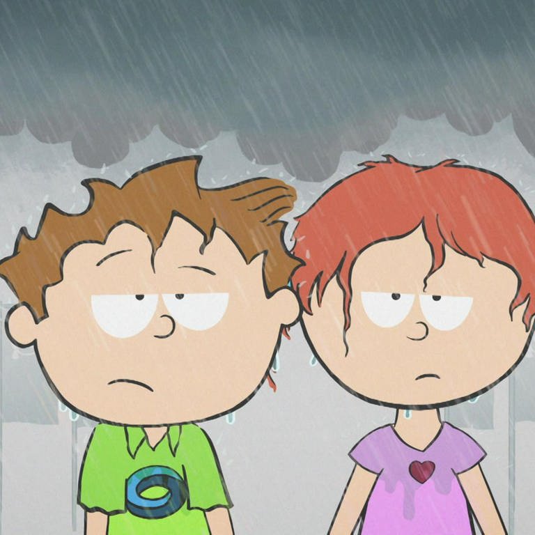 Der kleine Philosoph Knietzsche steht mit einer Freundin im Regen, beide schauen missmutig. (Foto: vision X/WDR)