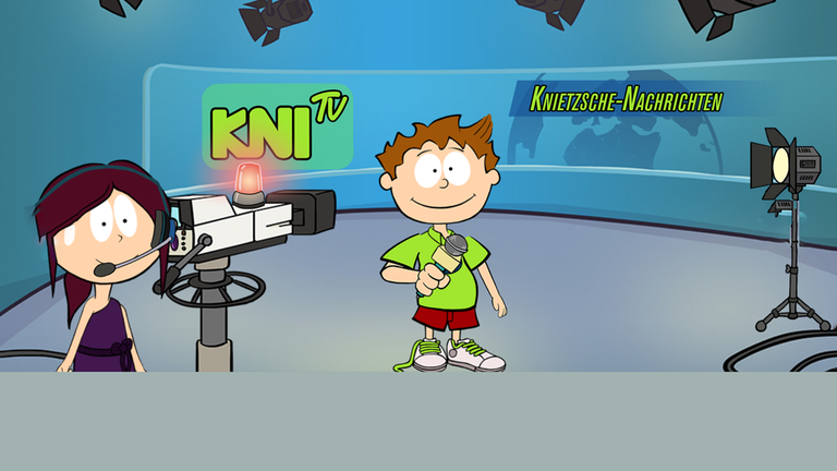 In der App Knietzsches Geschichtenwerkstatt steht Knietzsche in einem Nachrichtenstudio. 