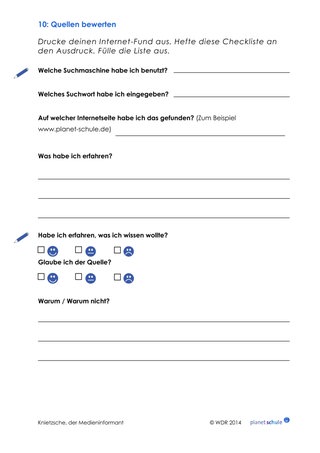 Arbeitsblatt 10: Medienkompetenz: Checkliste für Quellen
