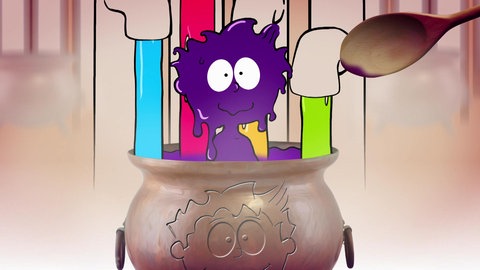 Der kleine Philosoph Knietzsche schaut aus einem Farbeimer, in den viele bunte Farben fließen. Knietzsche selbst ist lila angemalt.