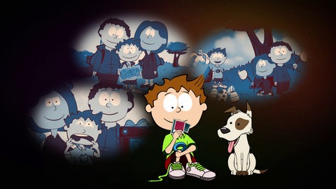 Die kleine Philosoph Knietzsche schaut Fotos an, darüber Denkblasen mit verschiedenen Szenen.