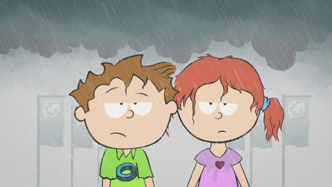 Der kleine Philosoph Knietzsche steht mit einer Freundin im Regen, beide schauen missmutig.