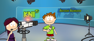 In der App Knietzsches Geschichtenwerkstatt steht Knietzsche in einem Nachrichtenstudio. 