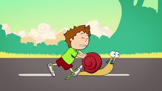 Der kleine Philosoph Knietzsche schiebt angestrengt eine Schnecke über die Straße.