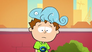 Der kleine Philosoph Knietzsche schaut traurig zu Boden, auf seinem Kopf sitzt ein blaues Chamäleon.