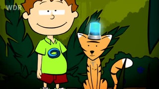 Der kleine Philosoph Knietzsche steht neben einem Tiger mit Alarmleuchte auf dem Kopf