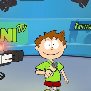Der kleine Philosoph Knietzsche steht mit Mikrofon im Nachrichtenstudio.