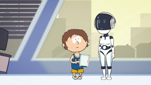 Philosoph Knietzsche steht neben einem Roboter der Zukunft.