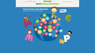 Der kleine Philosoph Knietzsche sitzt auf einer blauen Weltkugel, auf der bunte Buchstaben verstreut sind. Um ihn herum fliegen seine Freunde auf großen Buchstaben.