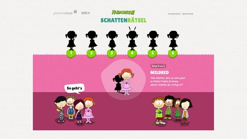 Screenshot aus dem Lernspiel: aus sechs verschiedenen Schatten muss der passende für eine Figur ausgewählt werden.