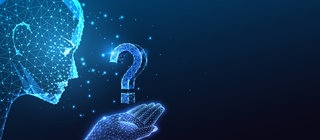 Symbolbild für Künstliche Intelligenz: Der Umriss eines Menschenkopfs und einer Hand, über der Hand ein Fragezeichen. 
