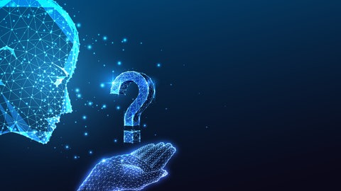 Symbolbild für Künstliche Intelligenz: Der Umriss eines Menschenkopfs und einer Hand, über der Hand ein Fragezeichen.