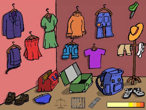 Farbzeichnung von Kleidungsstücken, die in einem leeren Raum verteilt sind. (Foto: SWR)