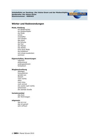 Materialblatt: Mode, Eigenschaften, Wegbeschreibung, Verkehrsmittel (Foto: )