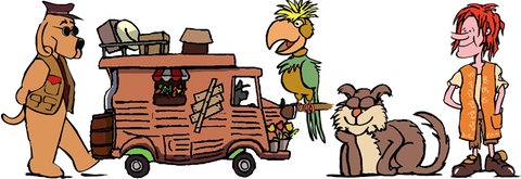 Gezeichnete Versionen der Figuren und des Autos aus der Sendung "Le petit gnome" auf weißem Hintergrund.