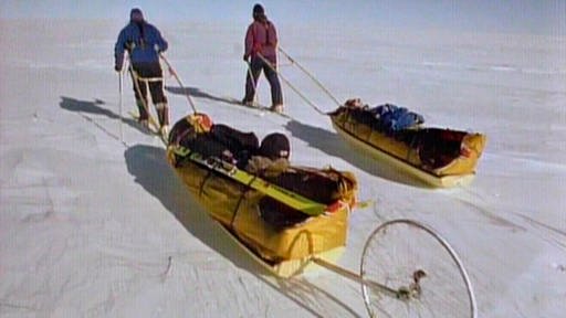 Reinhold Messner und Arved Fuchs ziehen Schlitten übers Eis. (Foto: SWR – Screenshot aus der Sendung)
