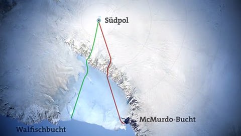 Karte der Region des Südpols, auf der die Route von Amundsen und Scott eingezeichnet ist. (Foto: SWR - Screenshot aus der Sendung)