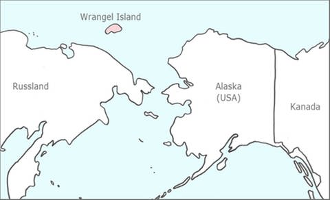 Eine Karte der Grenze zwischen Russland und Alaska. Die Wrangel Island ist rot eingezeichnet.