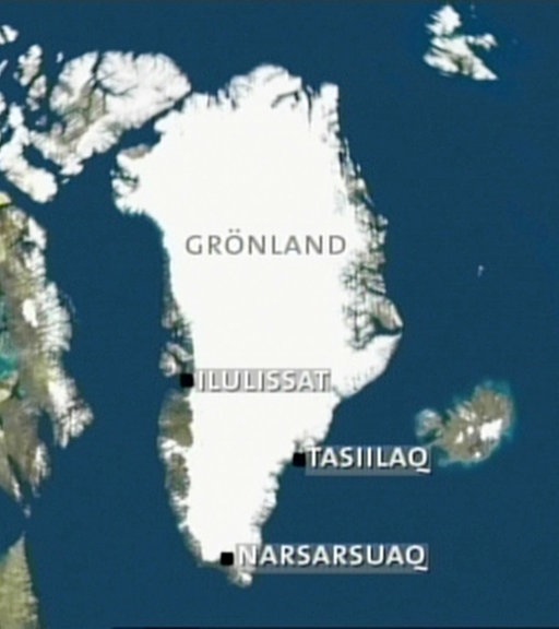 Satellitenaufnahme von Grönland; drei Städte sind eingezeichnet.