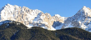 Panoramaaufnahme einer schneebedeckten Gebirgskette mit einem Wald davor.
