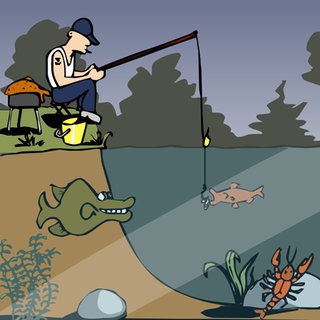 In der Animation zur zur Nahrungskette im Teich macht sich ein Hecht bereit, einen Fisch zu verspeisen. Da er sich von Fleischfressern ernährt, gehört er zu den Konsumenten dritter Ordnung.