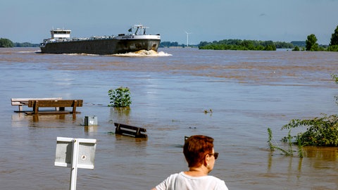 Ein Frachtschiff auf einem Fluss. Der Fluss hat Hochwasser. Im Vordergrund überschwemmte Bänke und eine Person, die aufs Wasser guckt. Welchen Einfluss hat der Mensch auf Flüsse?