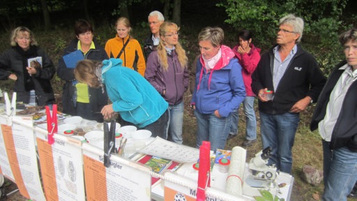 Lehrer hinter einem Tapeziertisch, auf dem die Materialien für die Gewässeruntersuchung liegen.
