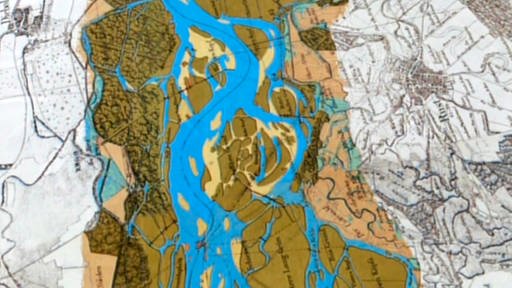 Alte Landkarte mit blau eingezeichnetem Rhein. (Foto: SWR – Screenshot aus der Sendung)