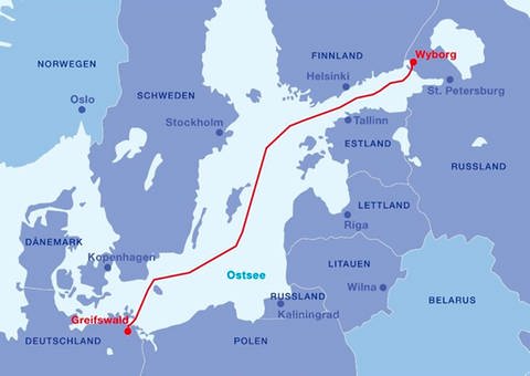 Auf einer Karte ist der Verlauf der Erdgaspipeline eingezeichnet, die zwischen Wyborg und Greifswald verlaufen wird. (Foto: Nord Stream)