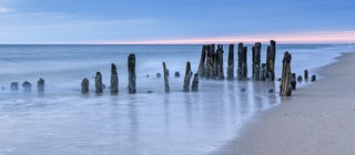 Blick auf Strand und Meer mit Holzpfosten auf Sylt