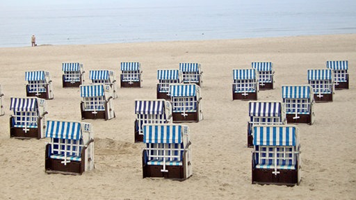 Auf einem Sandstrand stehen viele blau-weiß gestreifte Strandkörbe, im Hintergrund ist das Meer mit einem einsamen Spaziergänger zu sehen.
