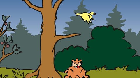 In der Animation zur Zellatmung flüchtet ein Vogel vor einer Katze, indem er davonfliegt. Das ist nur möglich, weil sein Körper die im Zucker einer Kirsche gespeicherte Energie so umgewandelt hat, dass sie vom Körper genutzt werden kann. (Foto: Screenshot aus Animation)