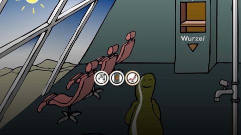 In der Animation zur Photosynthese lassen sich die einzelnen Phasen der Photosynthese durch die mit einem Kreis markierten Aktionsflächen aufrufen. 