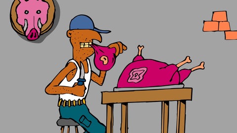 In der Animation Gift in der Nahrungskette Wald isst ein Wilderer das mit Gift angereicherte Fleisch eines Wildschweins. Die durch den Menschen verursachte Umweltverschmutzung trifft am Ende auch den Menschen selbst.