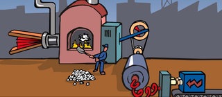 In der Animation zur Zellatmung werden die Mitochondrien als Fabrik visualisiert. Ein Arbeiter schaufelt Zucker in einen Brennofen, wodurch unter Zugabe von Sauerstoff nutzbare Energie gewonnen wird. So kann die Batterie der Muskelzelle aufgeladen werden.