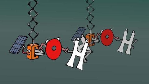 In der Animation zur Photosynthese wird erklärt, wie Wassermoleküle mithilfe von Sonnenenergie gespalten werden. Man sieht, wie von Solarzellen betriebene Zangen den Sauerstoff in Form eines Os vom Wasserstoff in Form von Hs trennen. 