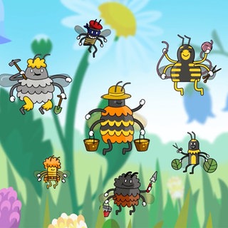 Sieben verschiedene Wildbienenarten über einer Wiese