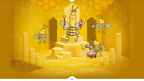 Animation: Königin auf Thron, umgeben von arbeitenden Bienen.