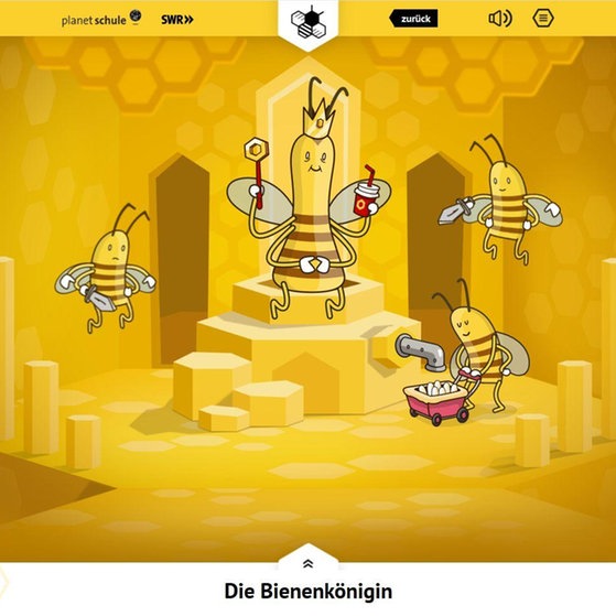 Animation: Königin auf Thron, umgeben von arbeitenden Bienen.