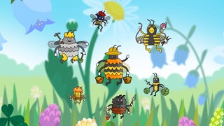 Sieben verschiedene Wildbienenarten über einer Wiese