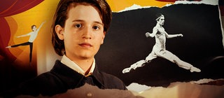 Collage aus einem Bild des historischen Rudolf Nurejew und der Filmfigur.