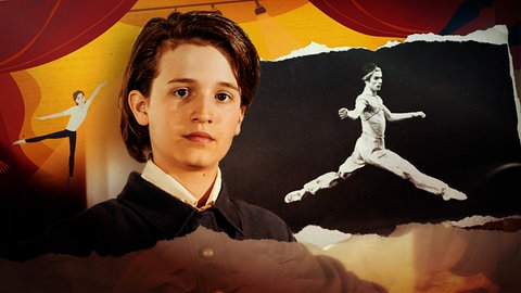 Collage aus einem Bild des historischen Rudolf Nurejew und der Filmfigur.