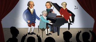Zeichnung des Musikers Wolfgang Amadeus Mozart als Kind bei einem Klavier-Konzert im Kreise seiner Familie